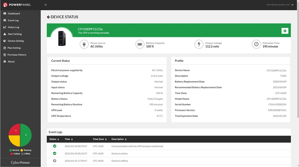 PowerPanel Cloud UPS details screen